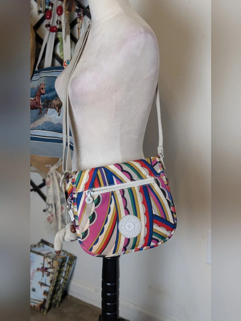Y2K Kipling Harajuku Rainbow Crossbody Bag w/ Gorilla Charm Retro Festivalcore